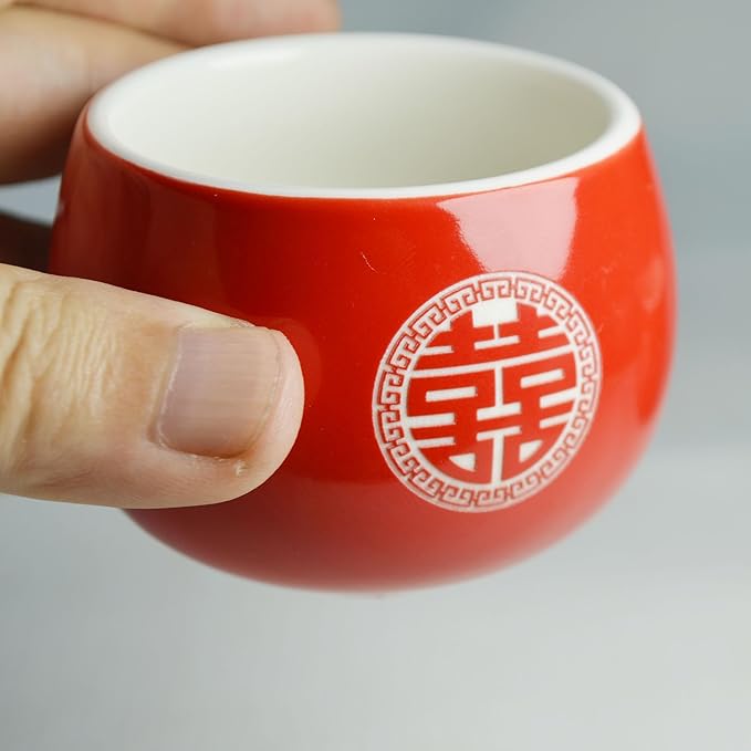 Chinese Wedding Tea cup 5oz Porcelain Teacup Red Cups Round Glaze Carving Double Xi for Tea Ceremony Wedding Party Home Decor (Double happiness cups 2pcs) - Bloomnest