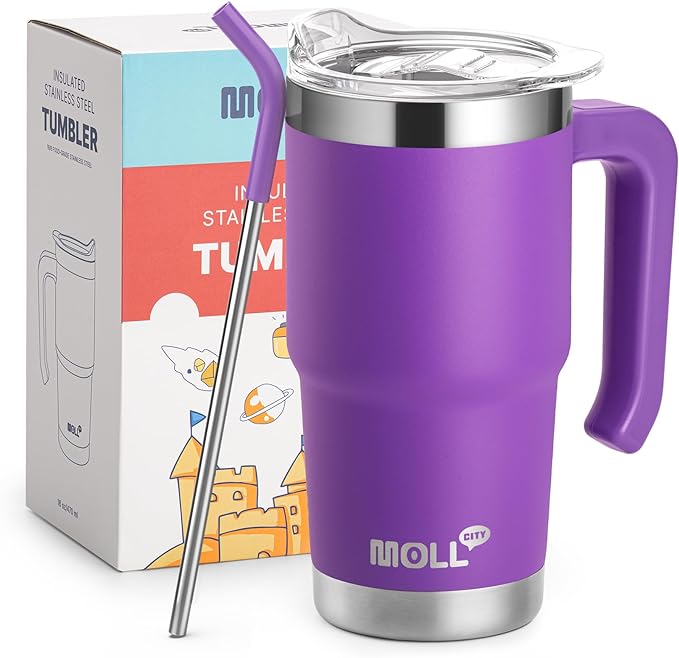 Kids 16 oz Tumbler with Handle-Stainless Steel Double Wall Vacuum Insulated Water Cup with Lid and Straw, Leak Proof- BPA Free, Purple - Bloomnest