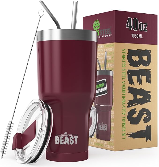 Beast 40 oz Tumbler Stainless Steel Vacuum Insulated Coffee Ice Cup Double Wall Travel Flask (Cranberry Red) - Bloomnest