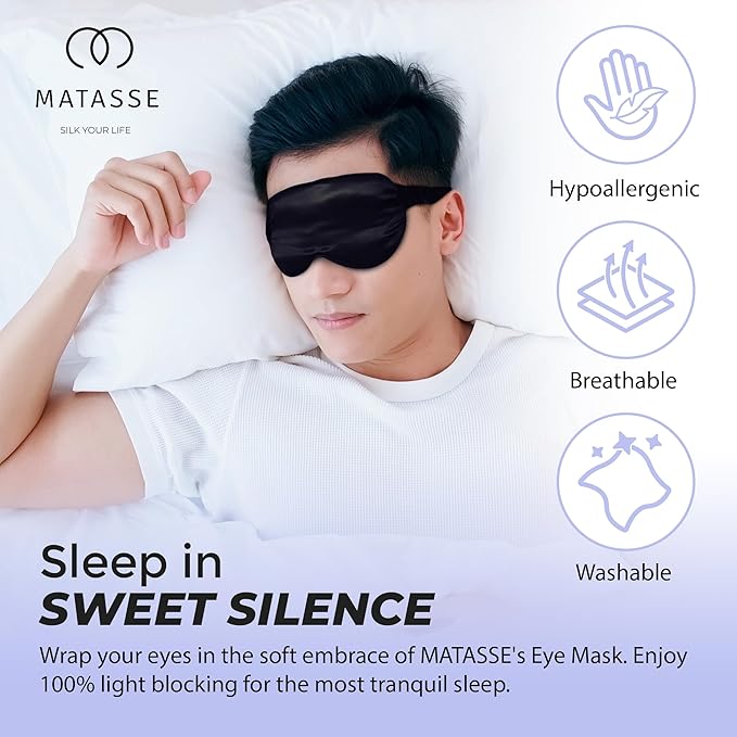 MATASSE Silk Eye Mask for Sleeping with Adjustable Elastic Band - 3D Contoured, Eye Cover Sleep Mask w/Genuine Mulberry Silk Including The Strap for Women, Men (Black)