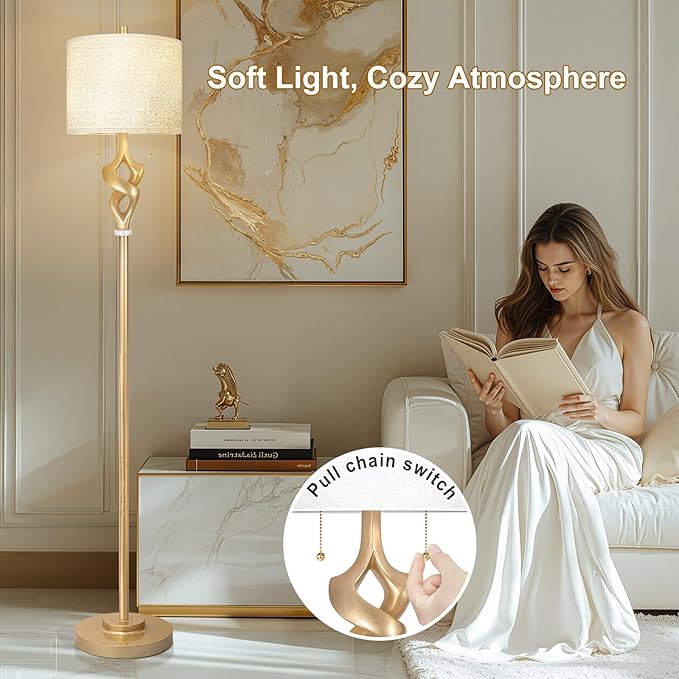 Scenekoy Sculptural 65.5” Floor Lamp for Living Room Bedroom, Gold Leaf Finish & Resin Body, Pull Chains Switch Standing Lamp, Brightness Adjustable Corner Lamp with Bulb Prefer for Home Office Bar - Bloomnest