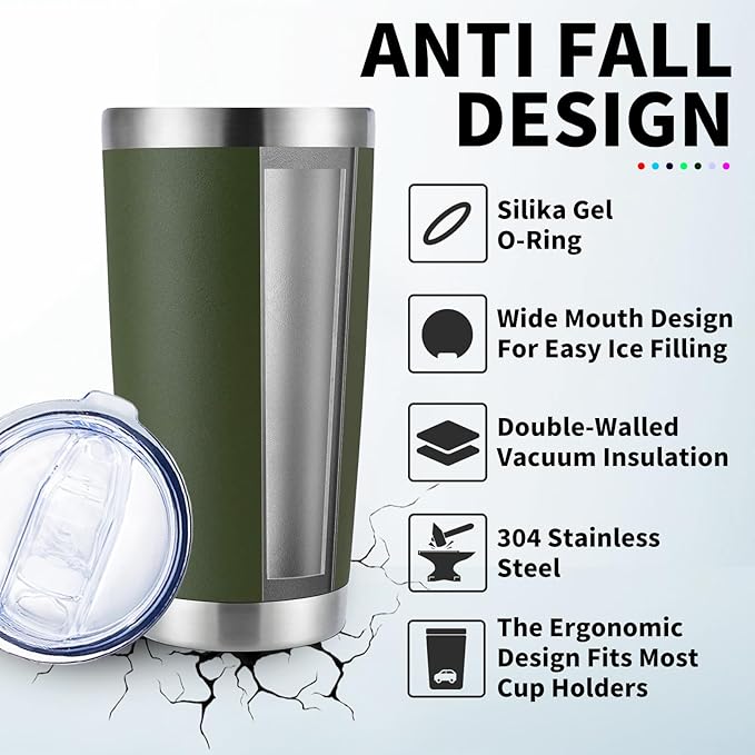 1 Packs, 20oz Stainless Steel Tumbler with Lid, Leakproof Double Wall Travel Mug for Hot/Cold Drinks, Home Office Outdoor Party Use, Durable Powder Coated Insulated Cup/Army Green - Bloomnest