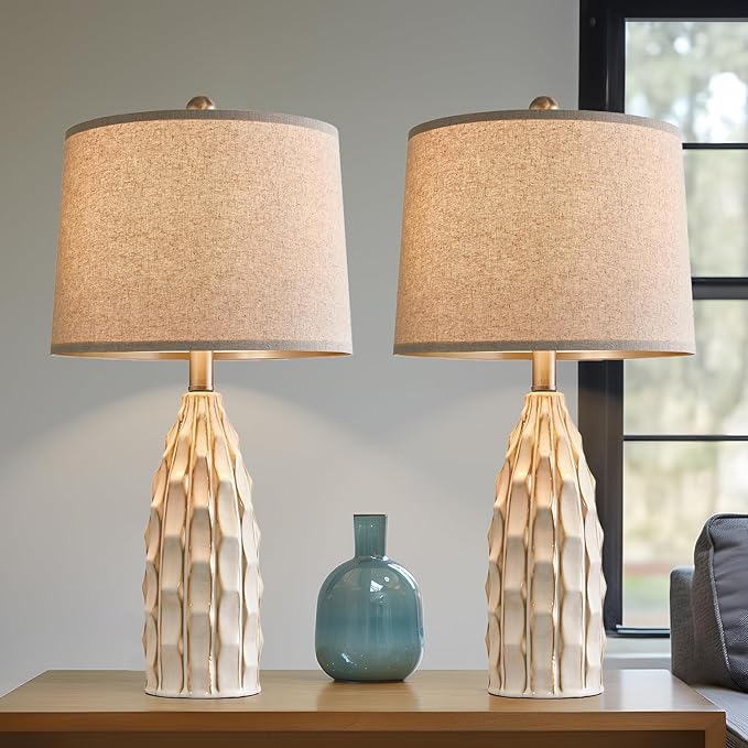 Ceramic Table Lamps Set of 2, 23.75" Modern Farmhouse Bedside Lamp - Cream Nightstand Lamps for Bedroom, Boho Living Room End Tables, Small Office Desk Lamp Decor - Bloomnest