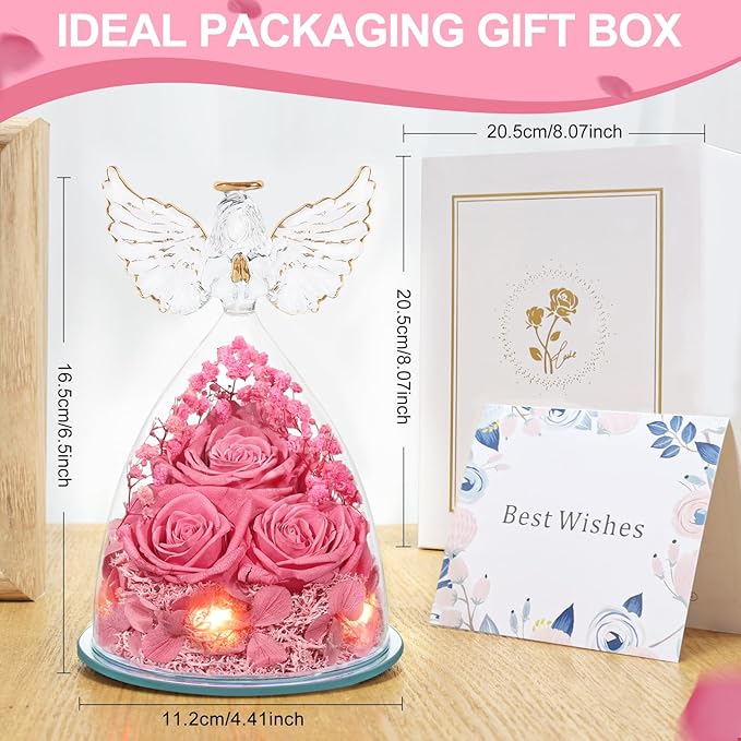 Valentines Day Gifts for Her Preserved Flower Rose Gifts for Women, Forever Eternal Flowers in Glass Angel Figurines Flowers for Delivery Prime Pink Roses for Grandma Mom Sister Wife Birthday Decor - Bloomnest
