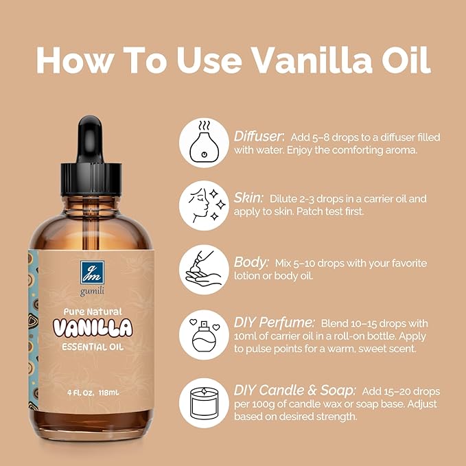 Vanilla Essential Oil 4 Oz, 100% Pure Vanilla Oil for Diffuser, Skin, Hair, Body & Face, Perfume, Sweet Creamy Scent for Relaxation, Aromatherapy & Massage - Bloomnest