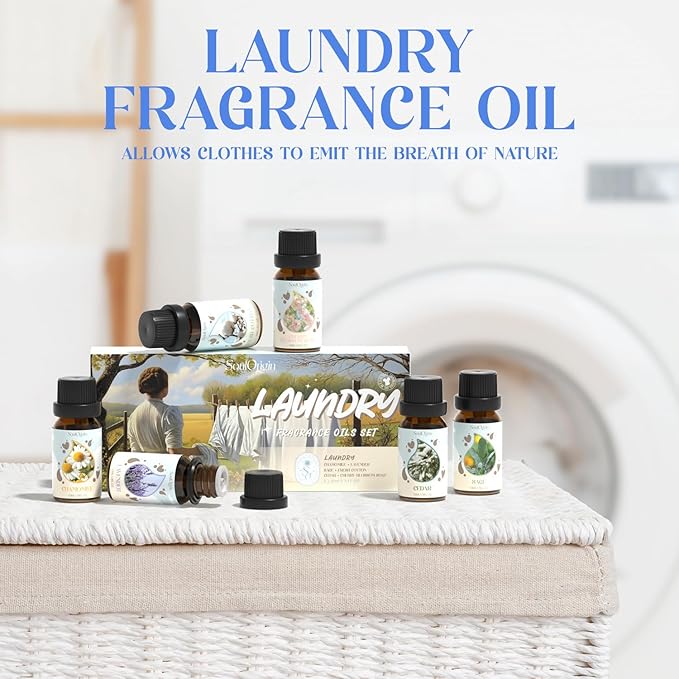 Laundry Fragrance Oils Set, Essential Oil for Diffuser, Aromatherapy Gift, Clean Scent Diffuser Oil, Use with Wool Dryer Balls,Chamomile, Fresh Cotton, Sage, Cedar, Lavender, Cherry Soap - Bloomnest