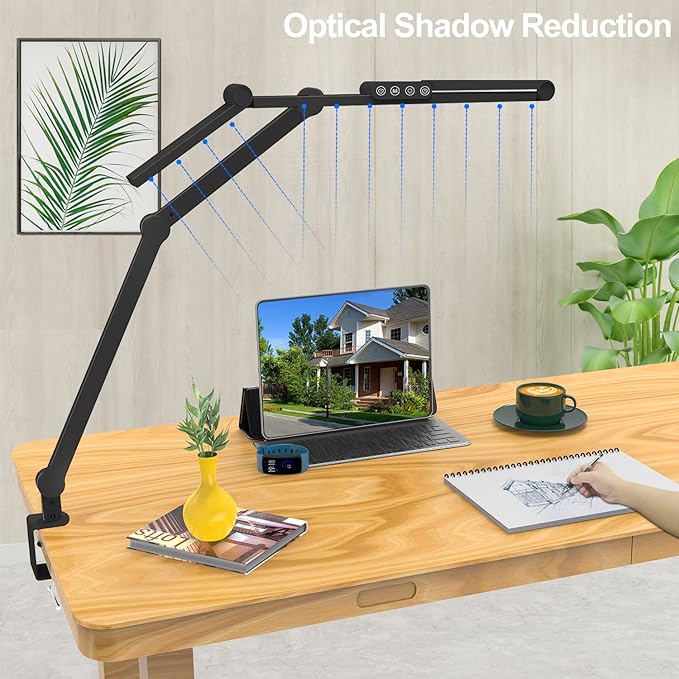 Micomlan Led Desk Lamp with Clamp, Architect Desk Lamp for Home Office with Atmosphere Lighting, 24W Ultra Bright Auto Dimming Computer Light Stepless Dimming and Tempering LED Table Light - Bloomnest