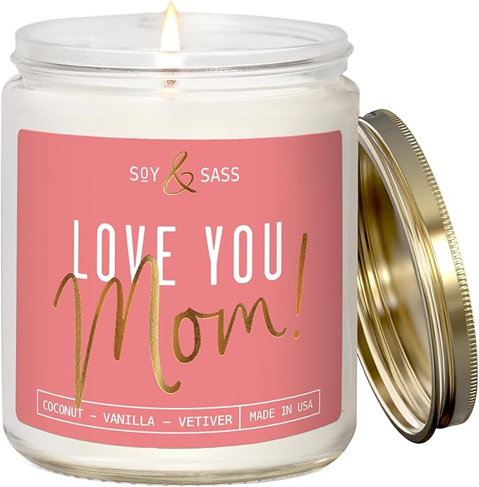 Gifts for Mom, Mom Birthday Gifts, Mothers Day Gifts for Mom - 'Love Mom' Soy Candle, w/Coconut & Vanilla I Birthday Gifts for Mom Gifts from Daugher or Son I 50Hr Burn, USA Made - Bloomnest