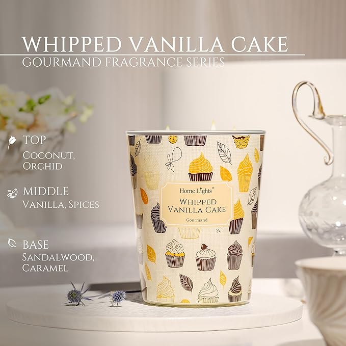 HomeLights Soy Wax Candles for Home Scented, 3-Wick Candles in Whipped Vanilla Cake Scented, Rustic Modern Aromatherapy Candles Gift for Parties, Relaxing, 34oz - Bloomnest