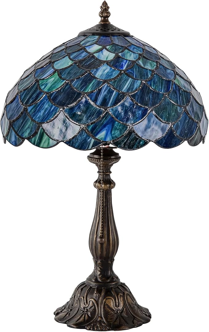 Tiffany Style Table Lamp Vintage Stained Glass Desk Lamp Sea Blue Fish Scales Bedside Reading Light Decor Bedroom Living Room Home Office D12 xH18 - Bloomnest
