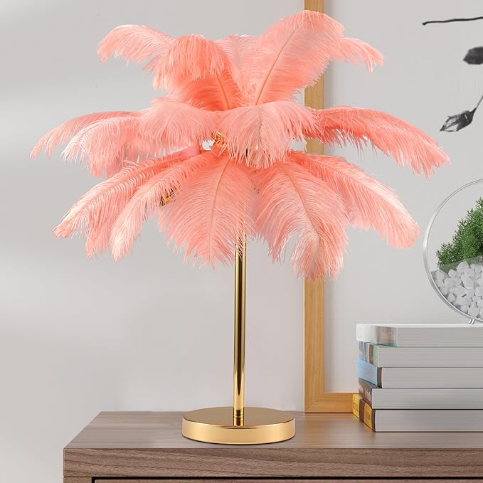 MAYOLA Modern Ostrich Feather Table Lamp with Plug in Wire,3-Light Bedside Floor Lamp for Living Room, Bedroom and Office 24” Tall Feather Desk Lamp (Pink, Table Lamp-Metal) - Bloomnest