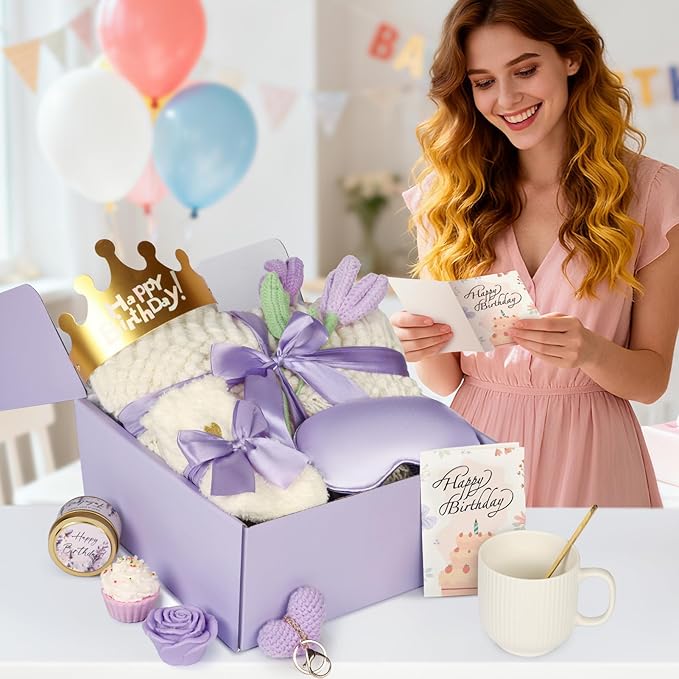 Birthday Gifts for Women - 13PCS Unique Happy Birthday Gifts Basket for Mom Her Best Friend Sister Wife Girlfriend Coworker - Relaxing Spa Self Care Package Get Well Soon Gifts Set (Lavender) - Bloomnest
