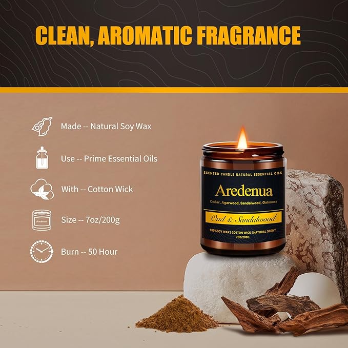 Oud & Sandalwood Candle – Scented Candles for Men & Women, 7oz Soy Candles for Home Scented - 50H Long Lasting Clean Burn, Aromatherapy Candle for Relaxation & Home, Warm Woody Fragrance Gift - Bloomnest