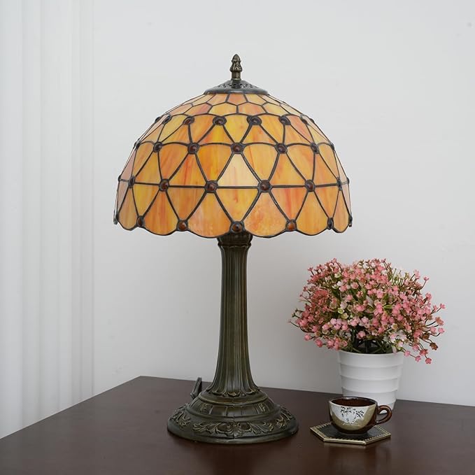 Tiffany Lamp Vintage Bead Orange Table Lamps Bedside for Bedroom Dector Stained Glass Lamps Living Room end Office Kitchen Hotel Bar Farmhouse 12 Inch Aesthetic Nightstand 70s 80s Reading Desk Light - Bloomnest