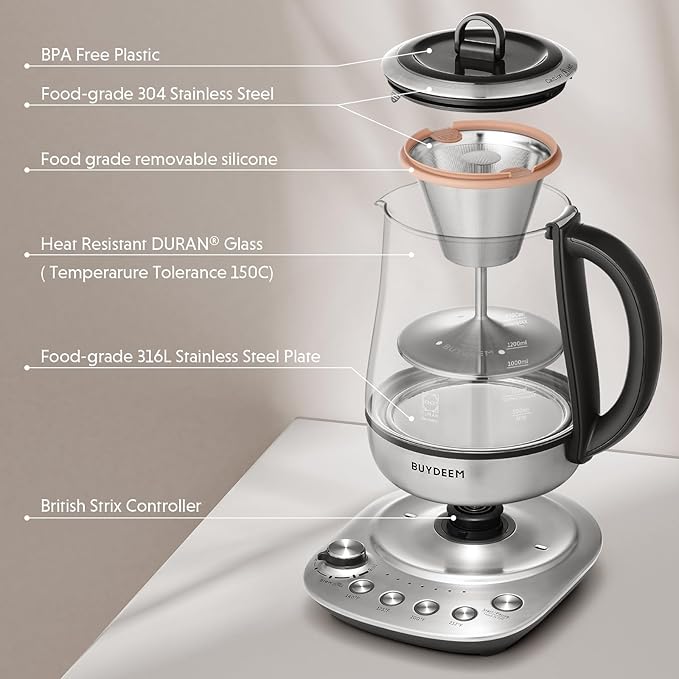 BUYDEEM K176 Tea Maker, Multifunctional Stainless Steel Electric Kettle for Tea and Coffee Brewing, Auto Keep Warm, 5 Flavor Controls, 1.5L - Bloomnest