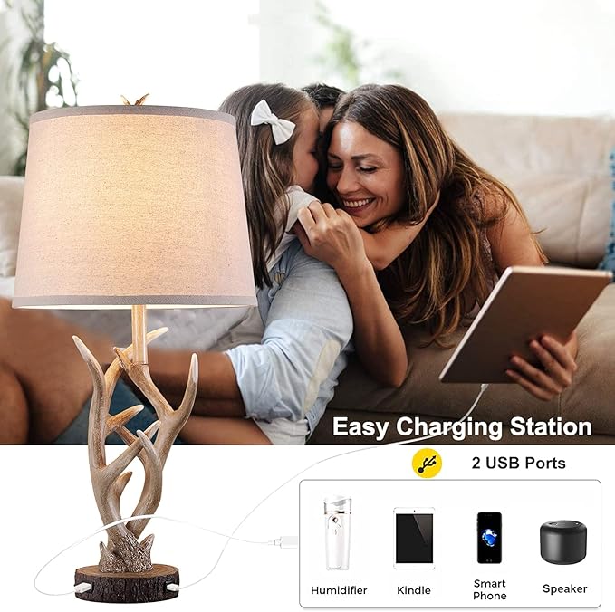 Dungoo Rustic Western Lamp Set of 2 - 26" Farmhouse Table Lamp with 2 USB Ports, Natural Antler Design for Bedroom, Living Room, Office (Rustic Brown) - Bloomnest