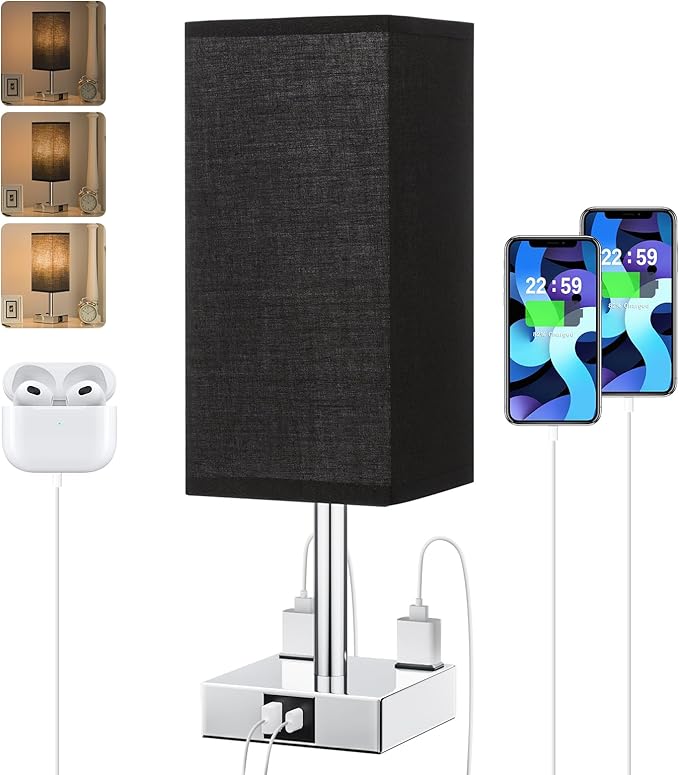Touch Bedside Table Lamp for Nightstand - 3-Way Dimmable Night Lamp with USB A + Type C Charging Ports and Two AC Outlets, Small Desk Light with E26 LED Bulb for Bedroom Living Room Dorm Office,Black - Bloomnest