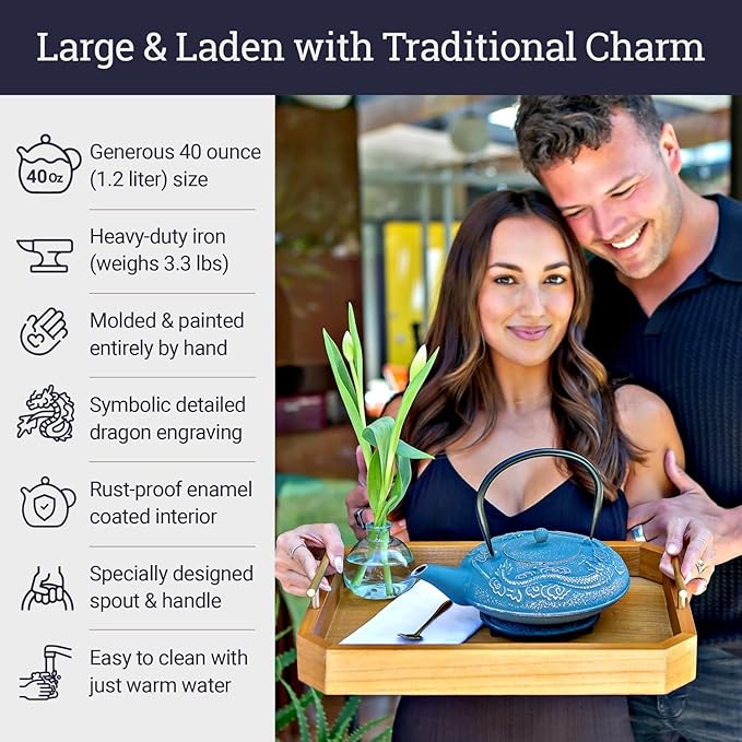 Large Cast Iron Tea Kettle Set - 40oz/1200ml Japanese Teapot with Infuser & Matching Trivet - Tetsubin Iron Tea Pot Japanese Style with Enamel Interior - Handcrafted Dragon Teapot Humidifier - Blue