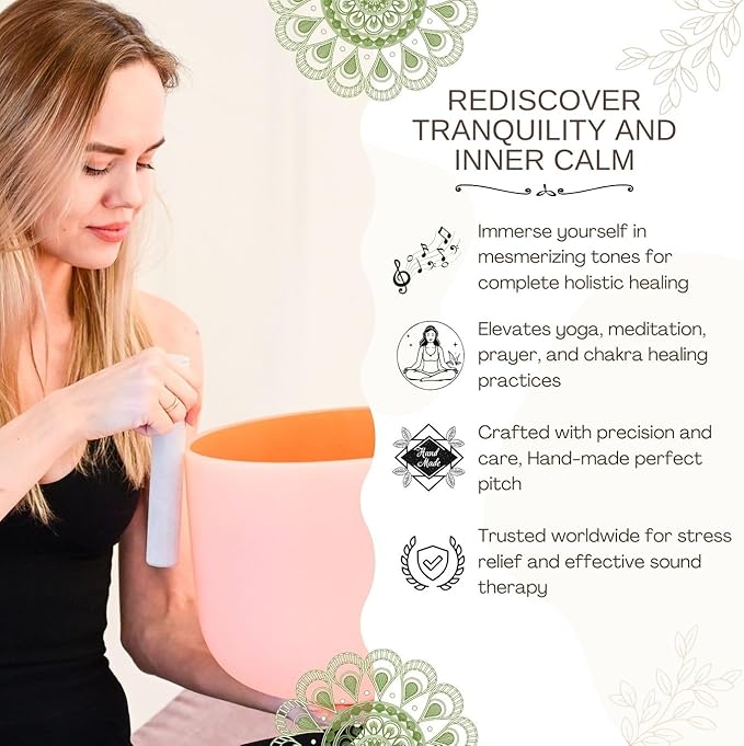 11 inch Orange D Note Sacral Chakra Quartz Crystal Singing Bowl, for Healing Mindfulness Meditation Yoga Sound Baths, with Rubber Mallet O-ring