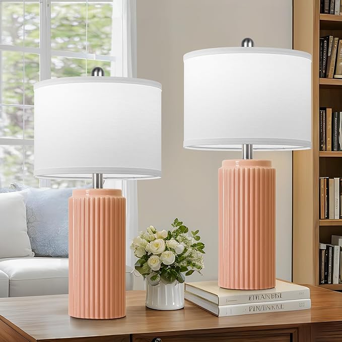23.5’’ Orange Table Lamps for Bedroom Set of 2, Modern Ceramic Nightstand Lamps for Living Room, Retro Lamps with White Shade Set for Home Office End Table, Farmhouse Bedside Lamps for End Table Dorm - Bloomnest