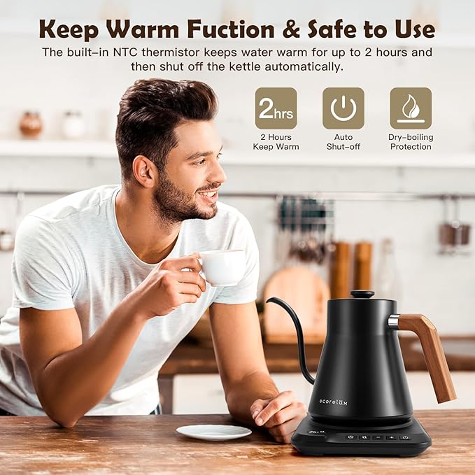 ECORELAX Gooseneck Electric Kettle, ±1℉ Temperature Control Pour Over Kettle for Coffee, Tea & Water, Stainless Steel 1200 W Keep Warm OLED Display 1 L (Black) - Bloomnest