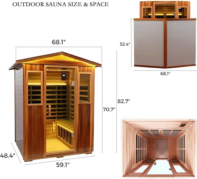 Red Cedar 4 Person Outdoor Ultra-Low EMF（0.5mg） Infrared Sauna, Multi-Person Home Sauna spa, 2160w,12 Heating Panels, LCD Control Panel, Bluetooth Speaker, Chromotherapy Lights, Reading lamp KUNSANA
