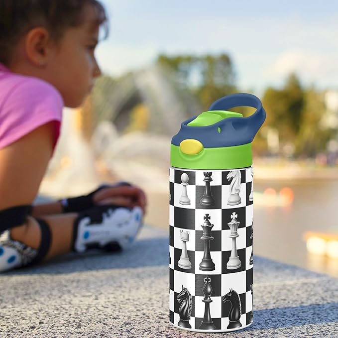 Black White Buffalo Plaid Chess Kids Water Bottle with Straw Lid Insulated Tumbler with Handle Stainless Steel Reusable Toddlers Cup for Kids Boys 12 oz - Bloomnest