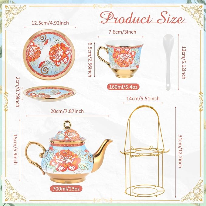 Zhehao 20 Pcs Porcelain Tea Set with Metal Holder and Spoon Adult Ceramic Tea Set European Flower Painting Teapot Cup Saucer Spoon for Women, Large Version(Retro Style) - Bloomnest
