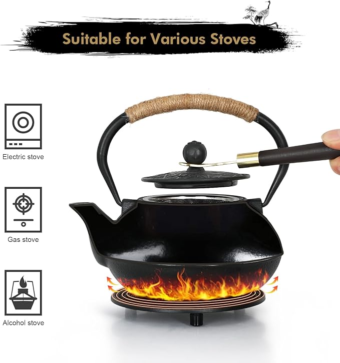RekRang Longevity Crane Cast Iron Teapot, Japanese Style Tetsubin Tea Kettle with 4 Cups, Removable Infuser and Trivet, Antique Cast Iron Tea Set for Stove, 800ml, 28Ounce - Bloomnest