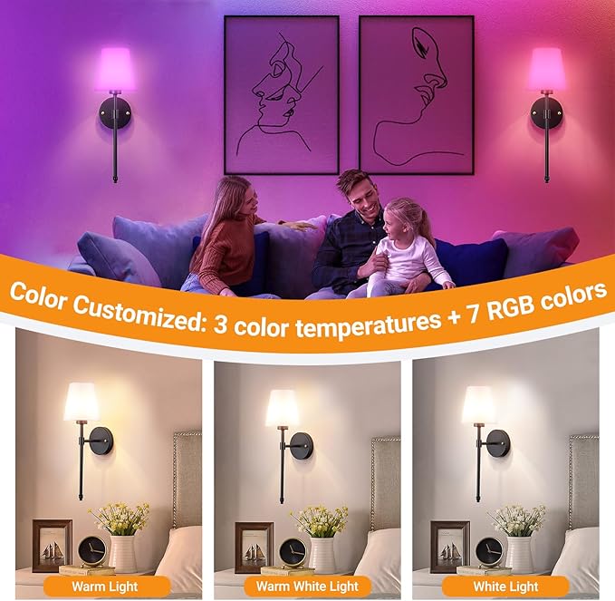 Battery Operated Wall Sconces Set Of 2, Wireless Battery Wall Light With 10000mAh RGB Rechargeable Magnetic Bulb, Rechargeable Wall Sconce With Remote Control For Bedroom, No Electrician Required - Bloomnest