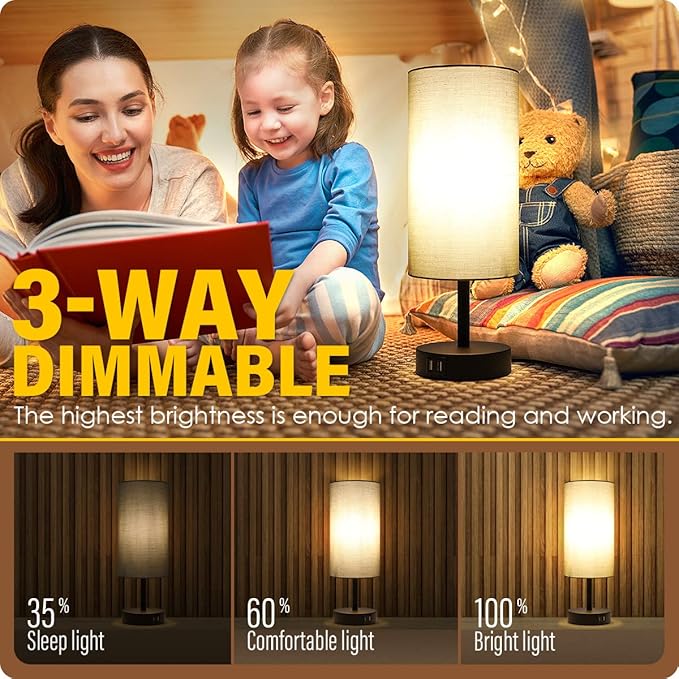 Yarra-Decor Bedside Lamp with USB Port - Touch Control Table Lamp for Bedroom 3 Way Dimmable Nightstand Lamp with Round Grey Fabric Shade for Living Room, Dorm, Home Office (LED Bulb Included) - Bloomnest