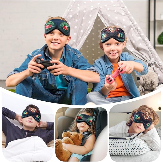 2 Pcs Sleep Mask for Kids Boys, Silk Eye Covers for Sleeping, Adjustable Strap & Light Blocking Design, Adult Children's Bedtime Blindfold for Travel and Home Use (Red Dinosaur Eyes) - Bloomnest