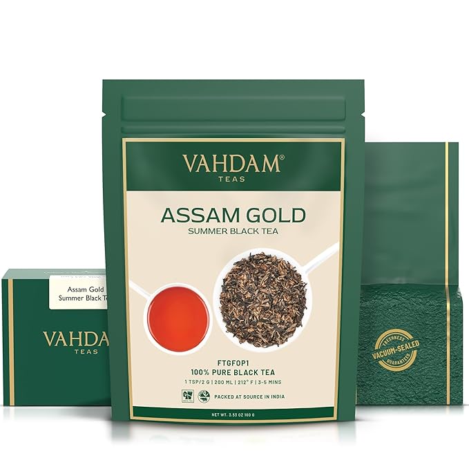 VAHDAM, Second Flush ASSAM GOLD (50 Cups) | 100% PURE UNBLENDED Black Tea Loose Leaf | Black Tea Leaves with GOLDEN TIPS | Brew as Hot or Iced Tea | 3.53oz - Bloomnest