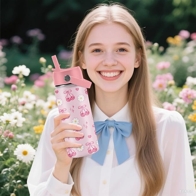 Cherry Gifts for Kids - 16oz Pink Kids Water Bottle with Straw Lid, Stainless Steel Insulated Tumbler, Leakproof, BPA-Free, for Girls, School, Travel - Cherry Lovers Children Birthday Gift Cup (1pc) - Bloomnest