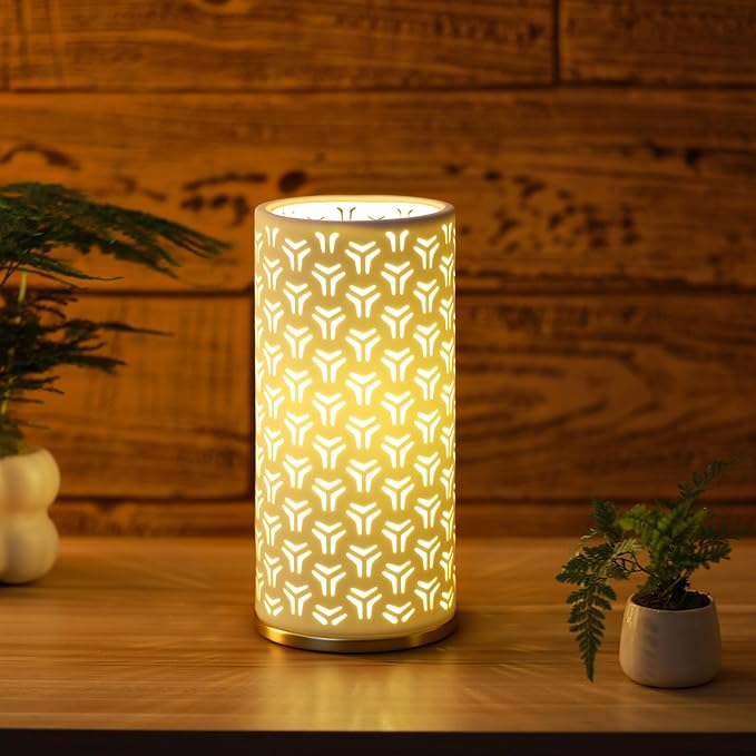 Small Modern Ceramics Bedside Table Lamp, 4.5 x 4.5 x 9.75 Inch White Triangle Style Nightstand Lamps, Side Table Lamps for Bedroom Living Room Entryway Table Light