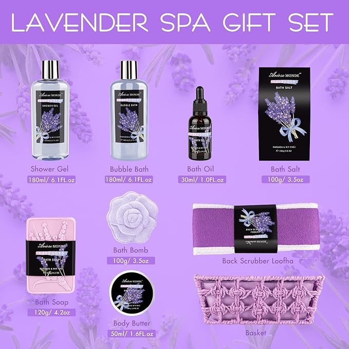 Spa Gift Basket Set, Lavender Home Spa Gifts for Women With Shower Gel, Bubble Bath, Body Butter, Bath Salt, Bomb, Oil, Soap - Gift Idea for Mother, Girlfriend, Wife - Bloomnest