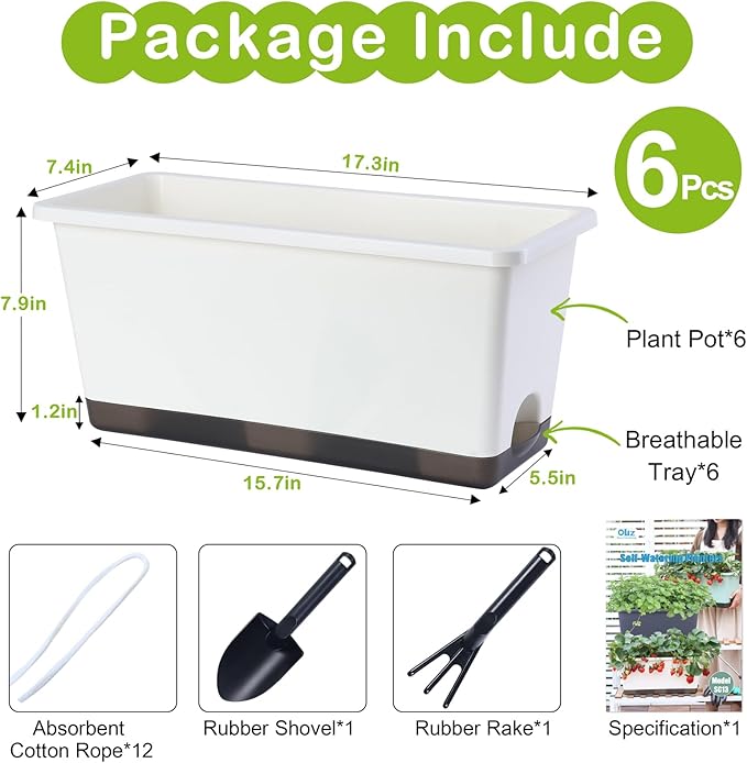 Window Box Planter 6 Pcs, 17 Inches Rectangle Flower Pots with Drainage Holes and Trays, Vegetable Planters for Windowsill Patio Garden Balcony Home Porch Yard Indoor Outdoor (Grey, 17*7.4*7.8 inch) - Bloomnest