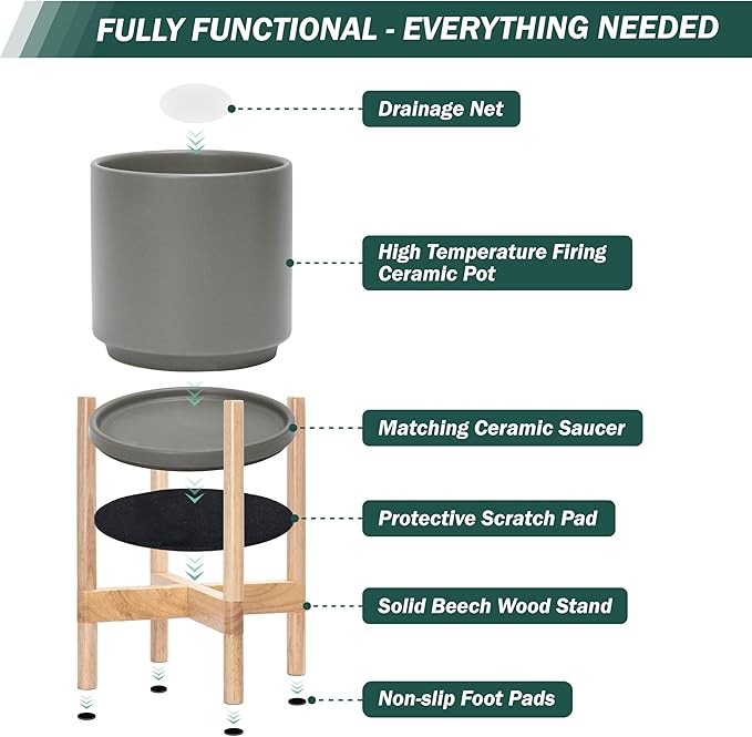 D'vine Dev Ceramic Planter with Natural Stand - 8 Inch Modern Round Flower Pot with Wood Planter Holder, Grey, 55-B-N-3 - Bloomnest