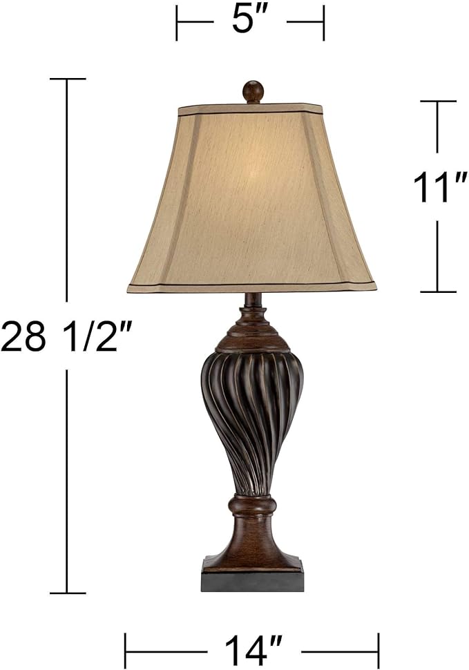 Regency Hill Carved 28 1/2" Tall Urn Traditional End Table Lamps Set of 2 Two-Tone Brown Finish Beige Shade Living Room Bedroom Bedside Nightstand House Office Home Kitchen Entryway Console Family - Bloomnest