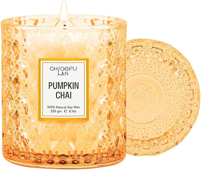 Chloefu LAN Pumpkin Chai Candles Halloween Candle Gift, Farmhouse Candles for Home, Luxury Scented Soy Jar Fall Candle with up to 55 Hour Long Lasting, Home Decor, Barn Fall Decor Pottery, 8.1oz - Bloomnest