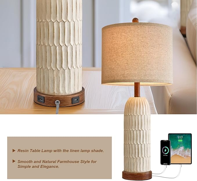 OYEARS 26.5" Table Lamp Set of 2 for Bedroom Living Room with USB A+C Charging Ports Modern Farmhouse Bedside End Lamps Rustic Nightstand Lamps,Brown - Bloomnest