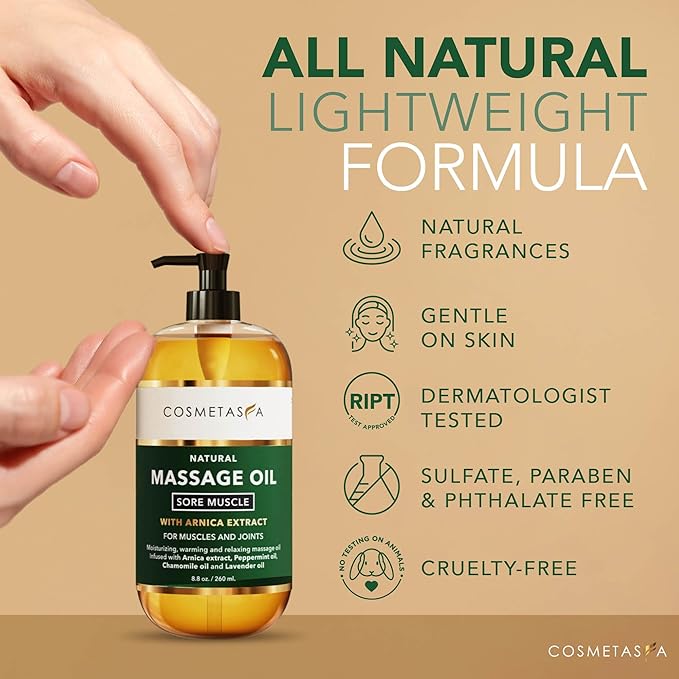 Cosmetasa Sore Muscle Massage Oil with Deep Tissue Massager - Thumb Saver and Oil Soothes Muscle and Joint with Arnica Extract, Peppermint, Chamomile, and Lavender Oil 8.8 Fl Oz - Bloomnest