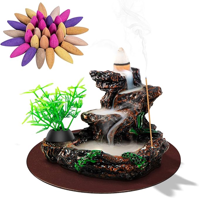 DK177 Incense Holder Waterfall Incense Burner Ceramic Backflow Zen Incense Fountain Machine Diffuser Burner Cone Holder for Spiritual Aromatherapy Gifts Set Home Decor with 20 Cones