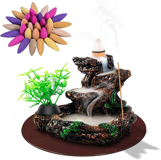 DK177 Incense Holder Waterfall Incense Burner Ceramic Backflow Zen Incense Fountain Machine Diffuser Burner Cone Holder for Spiritual Aromatherapy Gifts Set Home Decor with 20 Cones