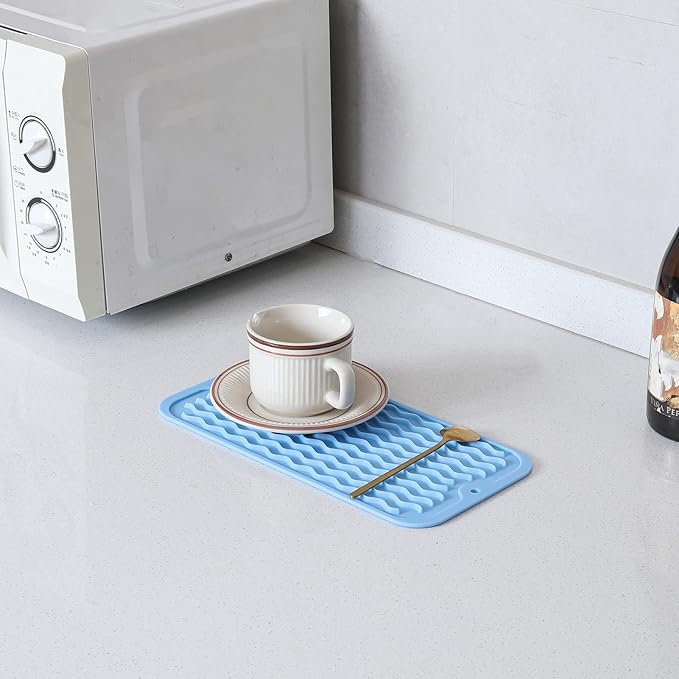 Silicone Dish Drying Mat for Multiple Usage,Easy clean,Eco-friendly,Heat-resistant Silicone Mat for Kitchen Counter or Sink,Refrigerator or Drawer Liner Light Blue S 12 inches x 6 inches - Bloomnest