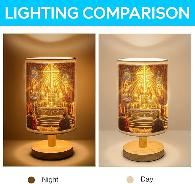 Midnight Mass Table Lamp LED 3-Color Pressed Bedside for Merry Christmas, Midnight Mass Shade Christmas Table Lamp with Wood Base for Bedroom Living Room Desk Office - Bloomnest