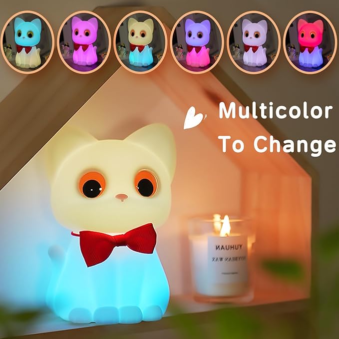Kitty Cat Night Light for Kids, Cute Cat Lamp Portable Silicone Animal Nightlight Rechargeable Nursery Light for Baby Toddler Room, Kawaii Gifts for Boys Girls - Bloomnest