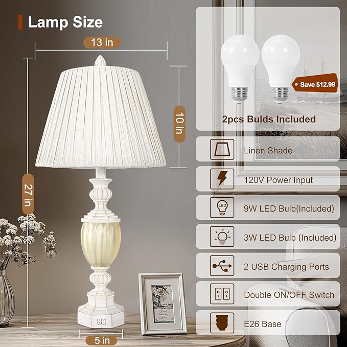 27" Rustic End Table Lamp Set of 2 with Night Light for Bedroom Living Room USB Charging Pots Farmhouse Bedside Lamp with Pleated Shade Boho Nightstand Lamps for Room Office Hotel Dorm(Bulb Included) - Bloomnest