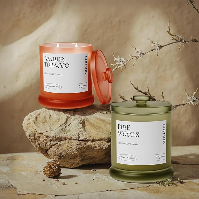 Hidden Label Amber Tobacco Fall Candles | 2 Wick Large Candles for Home Scented 13oz 75Hour Long Lasting Slow Burning | Aromatherapy Candle for Home Decor, Stress Relief & Relaxation - Bloomnest