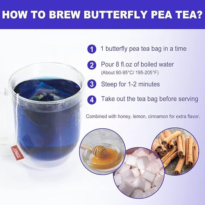 FullChea - Butterfly Pea Flower Tea Bags, 30 Teabags, 1.3g/bag - Premium Dried Butterfly Pea, Cultivated From Thailand - Non-GMO - Caffeine-free - Rich In Antioxidants & Support Eye Health - Bloomnest